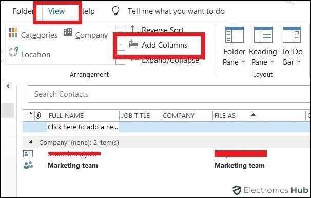 Add columns option-export outlook contacts