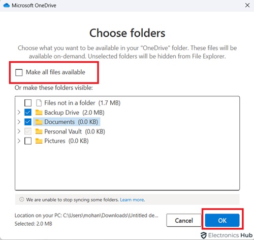 Choose Specific Folder -synching onedrive