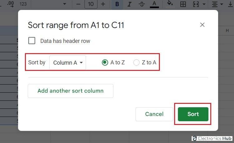 Choose sort range-googlesheet sort