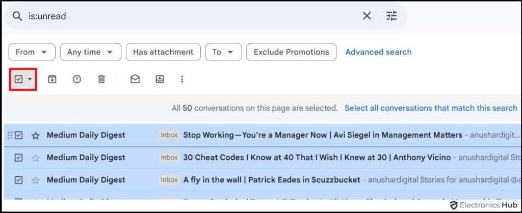 Click check box-how to delete all unread email in gmail