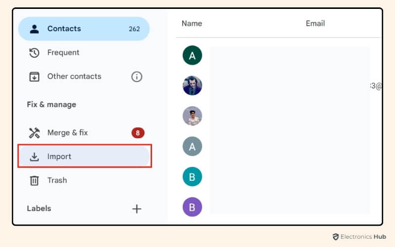 click on Import - gmail share contacts