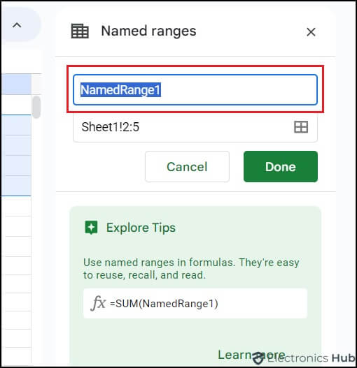 Define named range-grouping rows google sheets