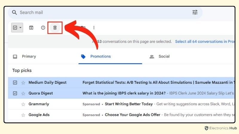 Delete the selected emails-how to delete gmail promotions