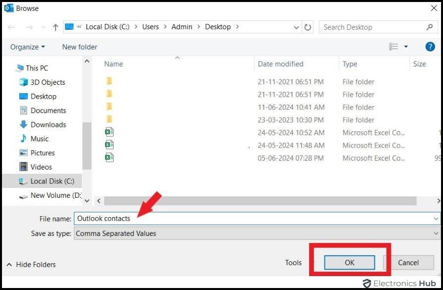 Destination folder-export contacts from outlook