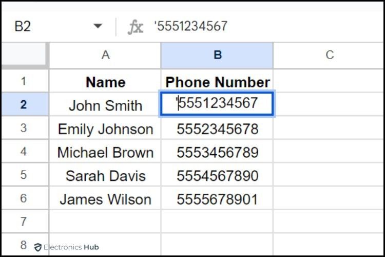 Enter the Phone Number-formatting numbers in google sheets