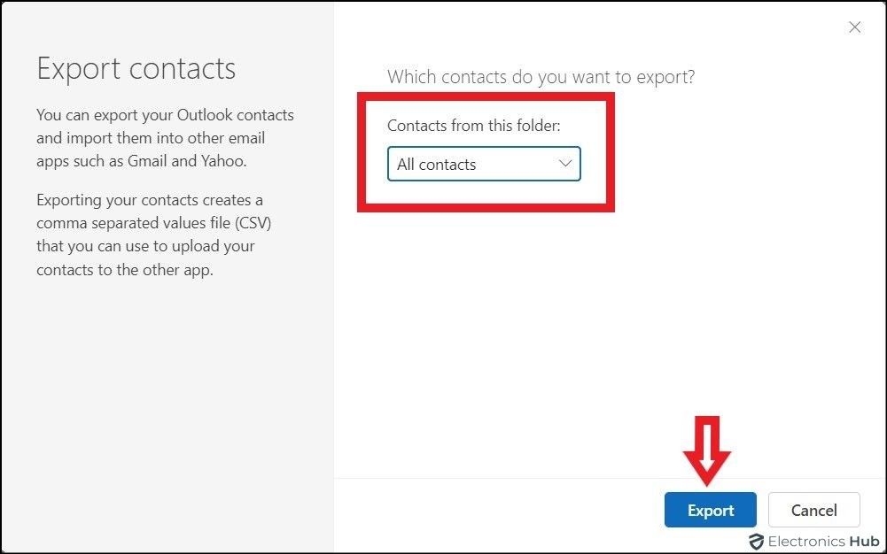 export contacts tab on web-export contacts from outlook