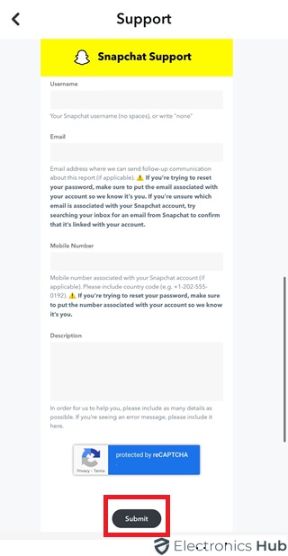 Submit to Snapchat Support to Recover the Account