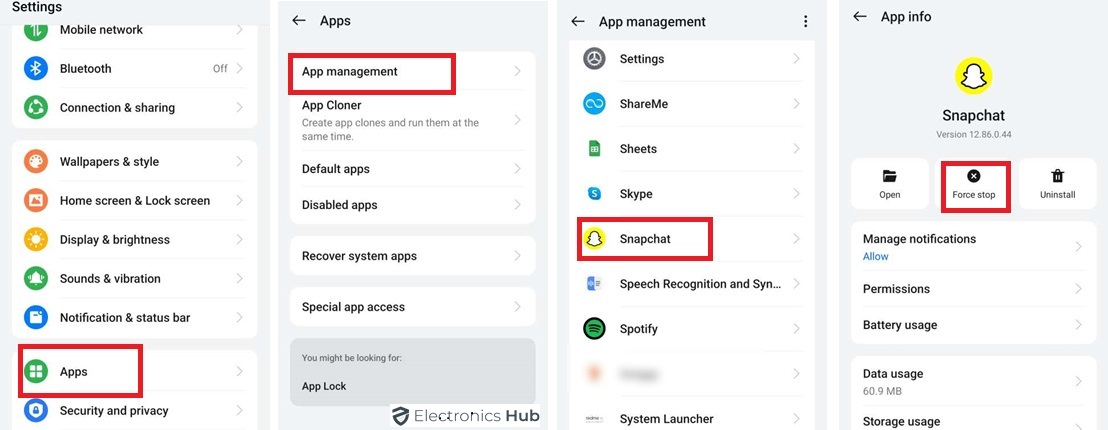 Force Stop Snapchat - Resolve C14A code Error