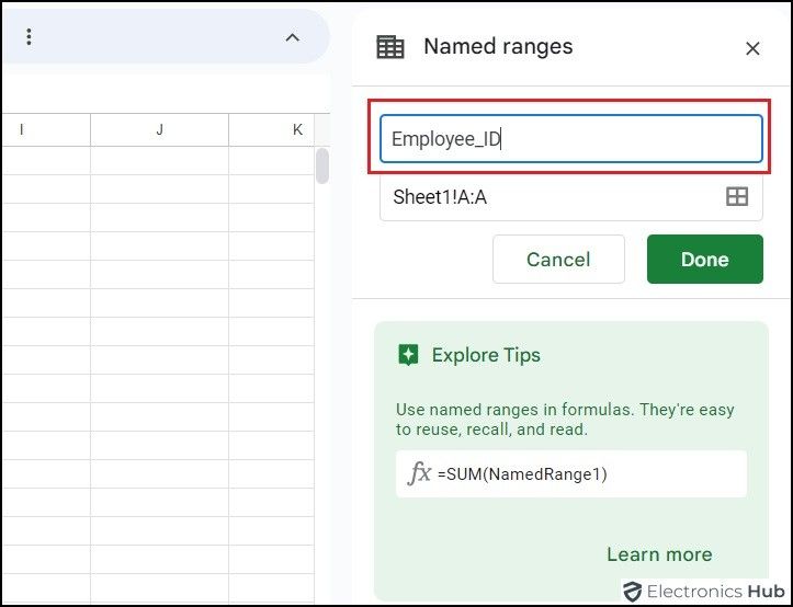 named range menu-googlesheet column name