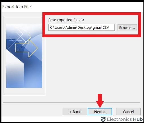 Next button-how to export outlook contacts