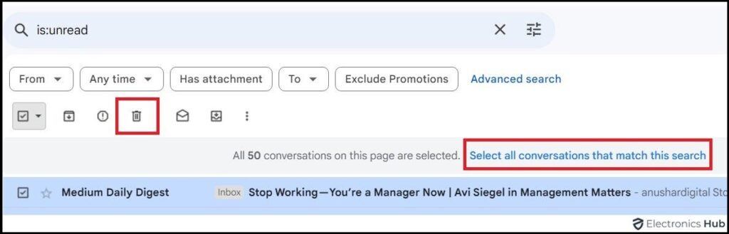 Select all conversations-delete unread gmail