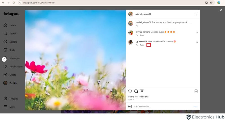 select comment on web - delete instagram comment