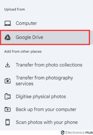 Select Google Drive - access google photos from google drive