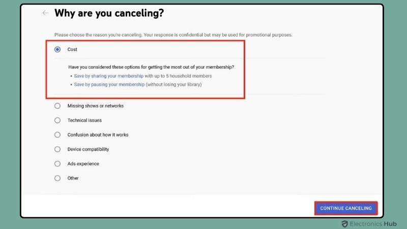 Select Reason for Canceling-cancel youtube tv membership