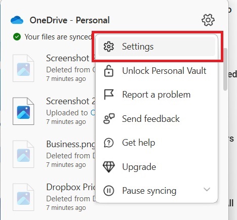 Select sync settings-sync to onedrive