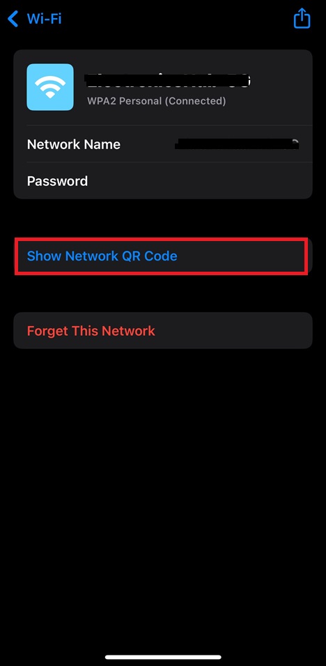 Tap Show Network QR code - iOS