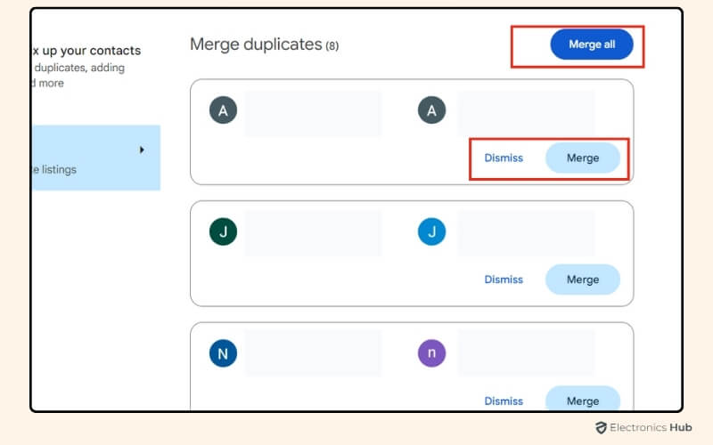 two options for handling duplicates - edit contacts in gmail