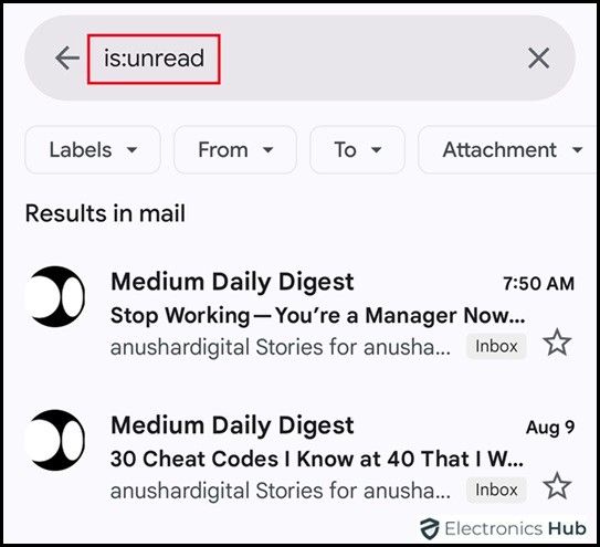 Type isunread-Mobile-delete unread gmail