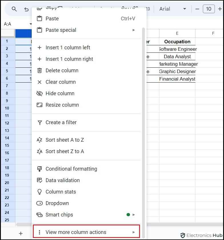 View more column actions-rename column googlesheets